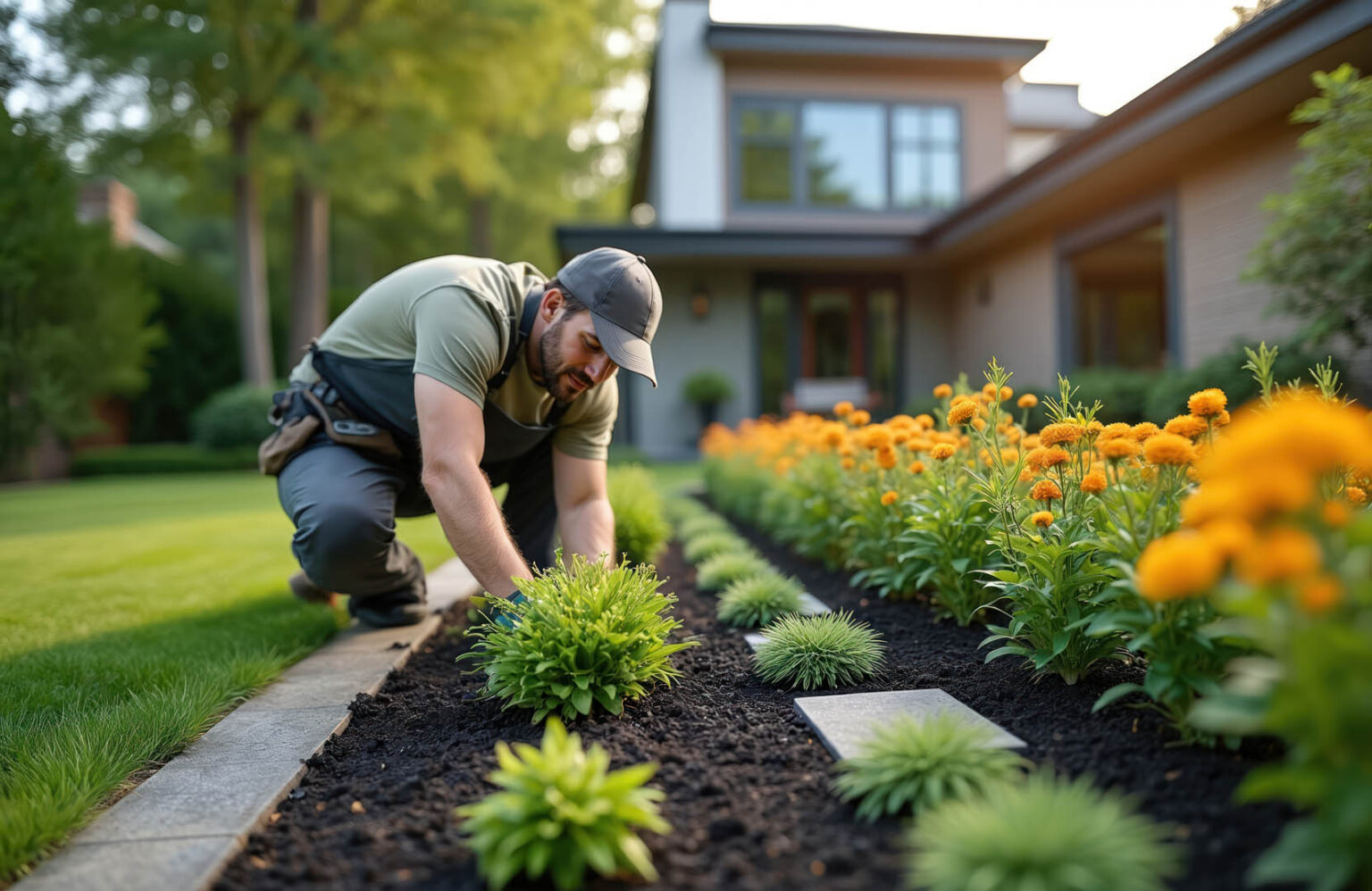 Man plants bushes in garden near house. Gardener works in backyard on landscape design. Person takes care of plants in, the yard in summer day. Landscaping concept. Residential greenery care.