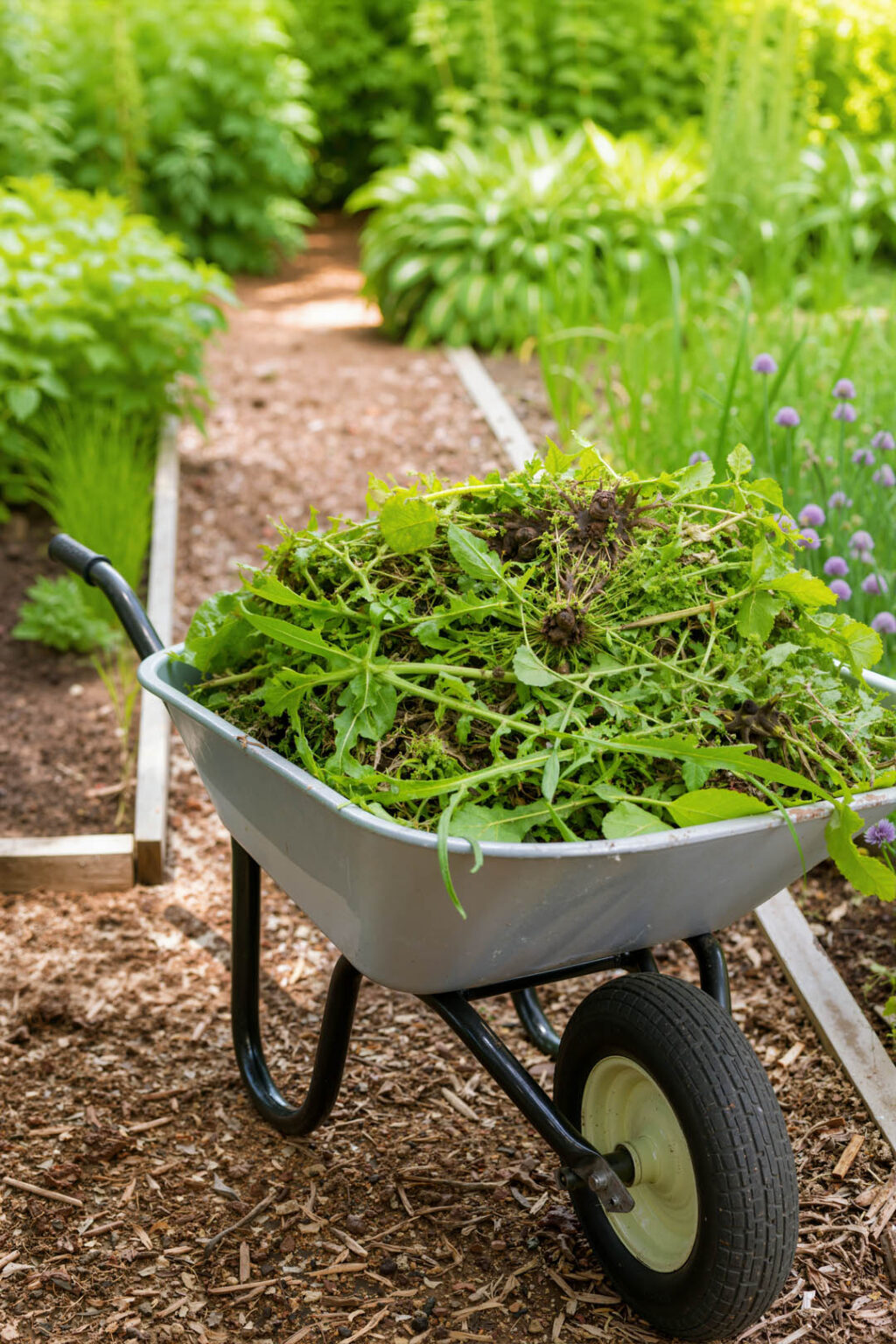 A gray wheelbarrow filled with freshly pulled green weeds and roots sits on a mulched garden path. The wheelbarrow is positioned between raised garden beds containing various green plants and herbs. The outdoor scene depicts yard maintenance, weed control, and organic gardening activities during the daytime.
